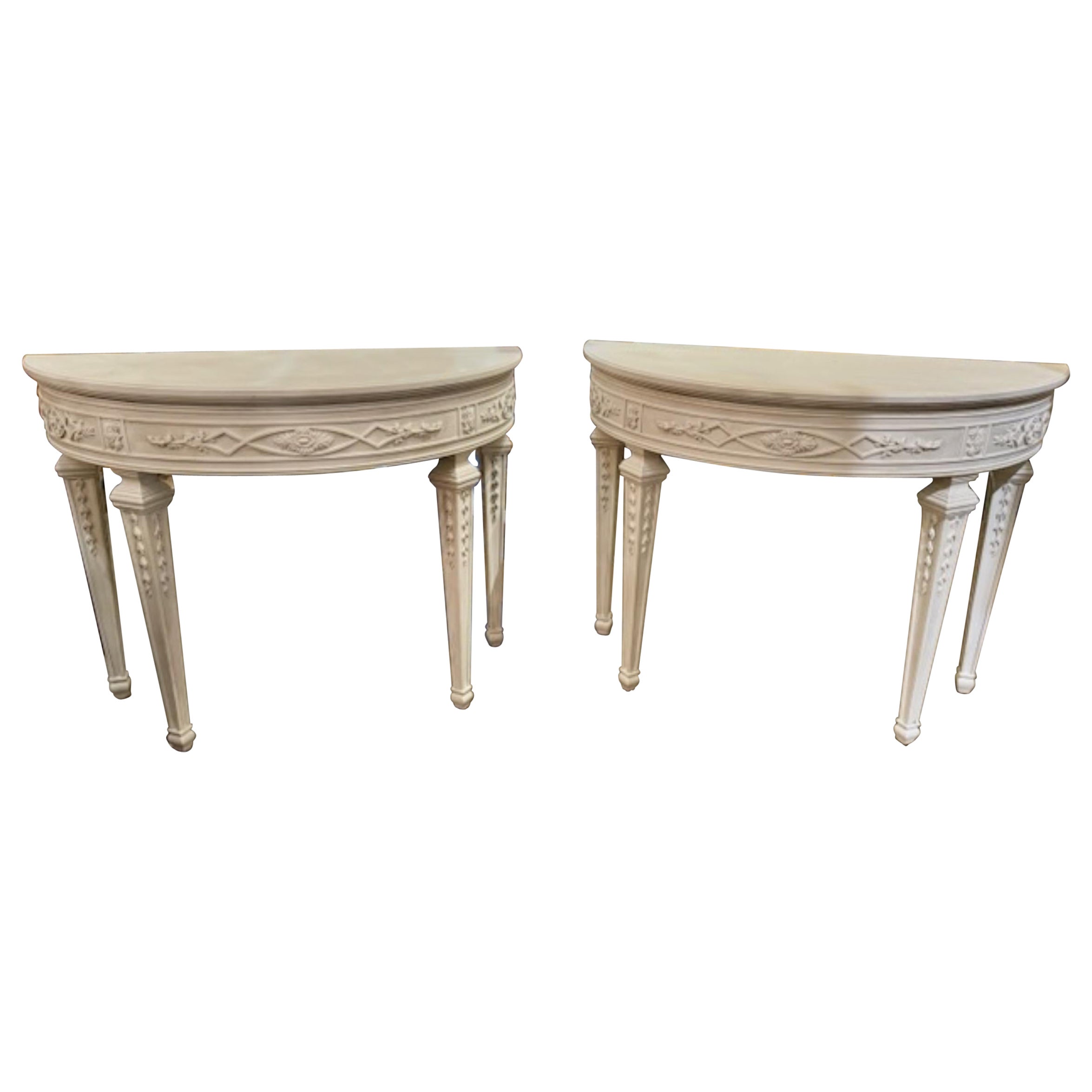 Pair of French Louis XVI Design Neo-Classical Demi-Lune Consoles For Sale