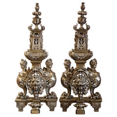 Pair of 19th Century French Baroque Bronze Andirons with Lion & Woman Figures