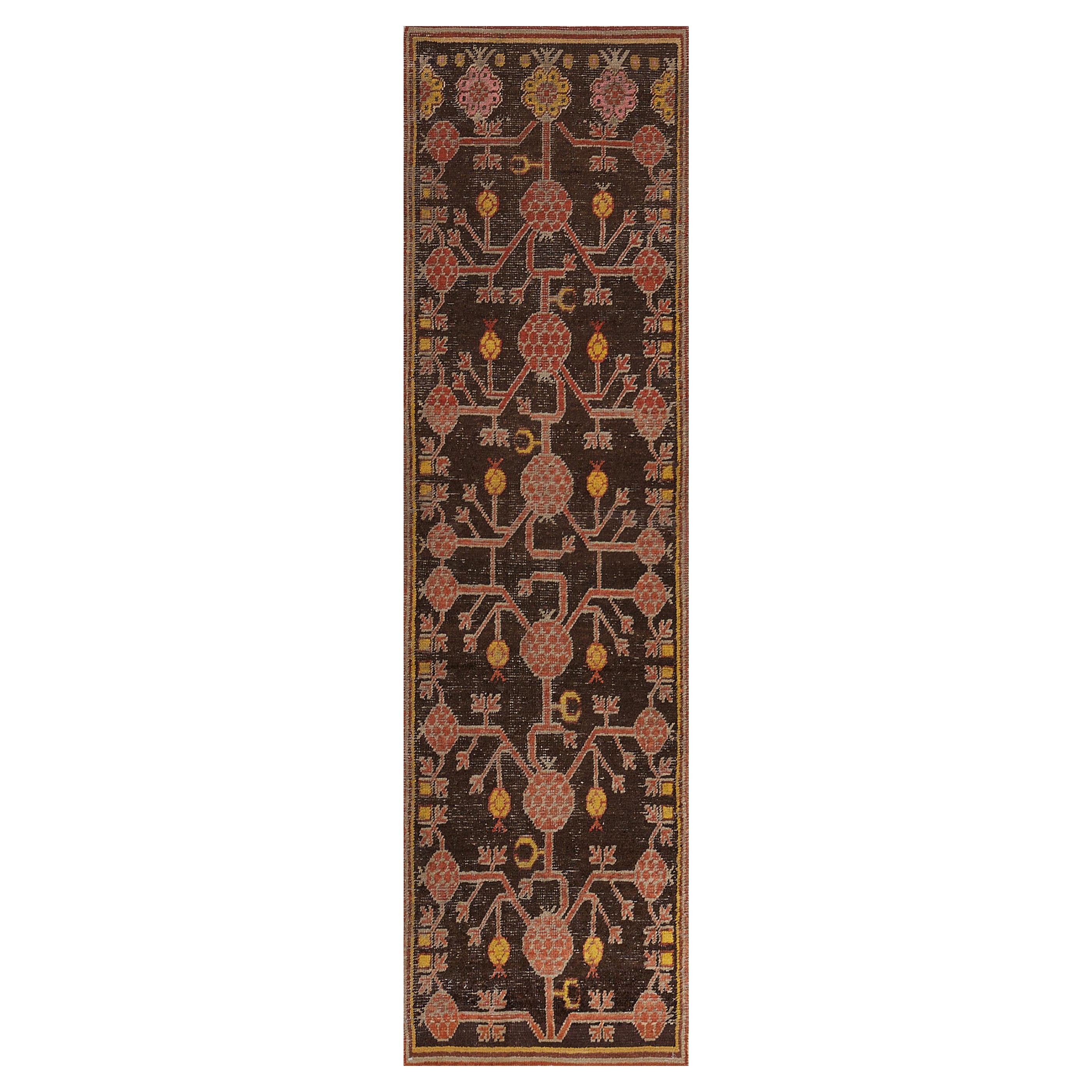 Hand-woven Brown Wool Antique Pomegranate Khotan Runner