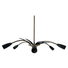 Black Metal & 6-armed Brass Body Ceiling Lamp, 1950s, Germany