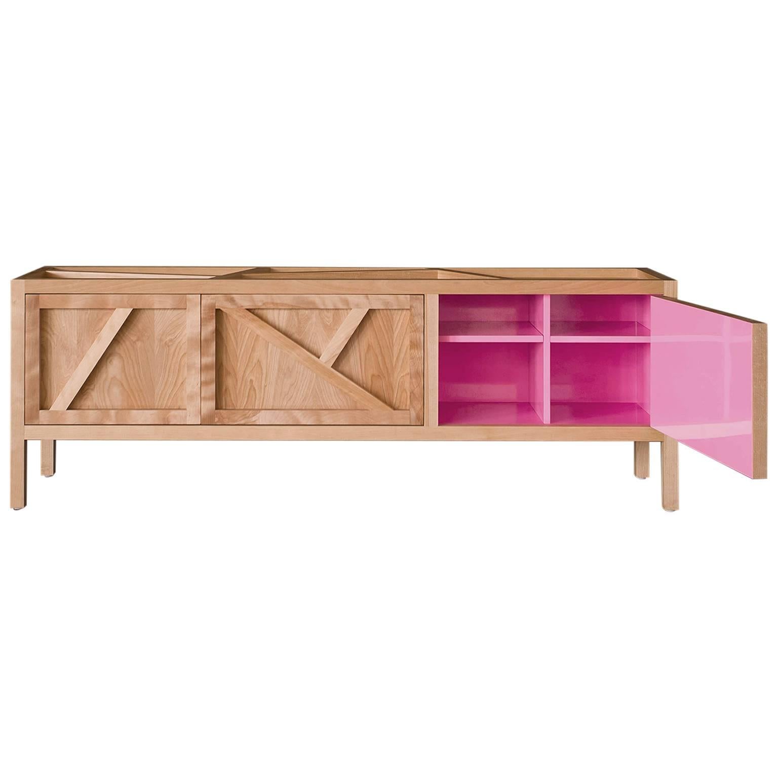 Inside-Out sideboard Cabinet Largo, Fine Lacquer Pink Credenza cupboard in birch