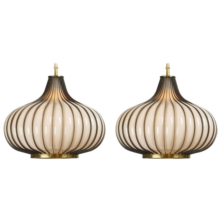 Glass and Brass Onion Pendant Lamps Pair USA 1960s For Sale at 1stdibs