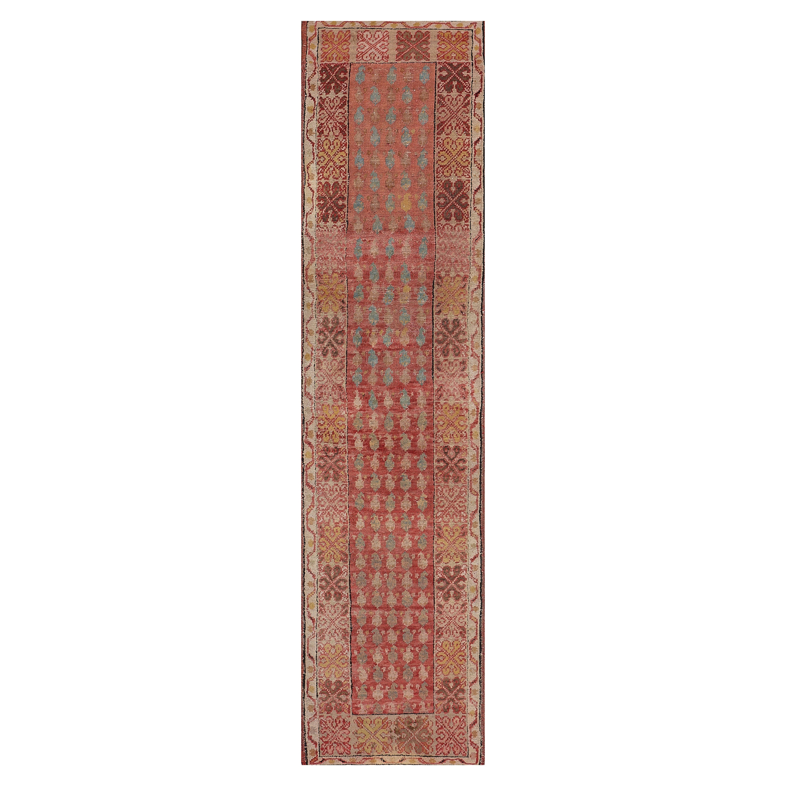 Antique Wool Hand-Woven Coral-Red and Light-Blue Boteh Oushak Runner For Sale