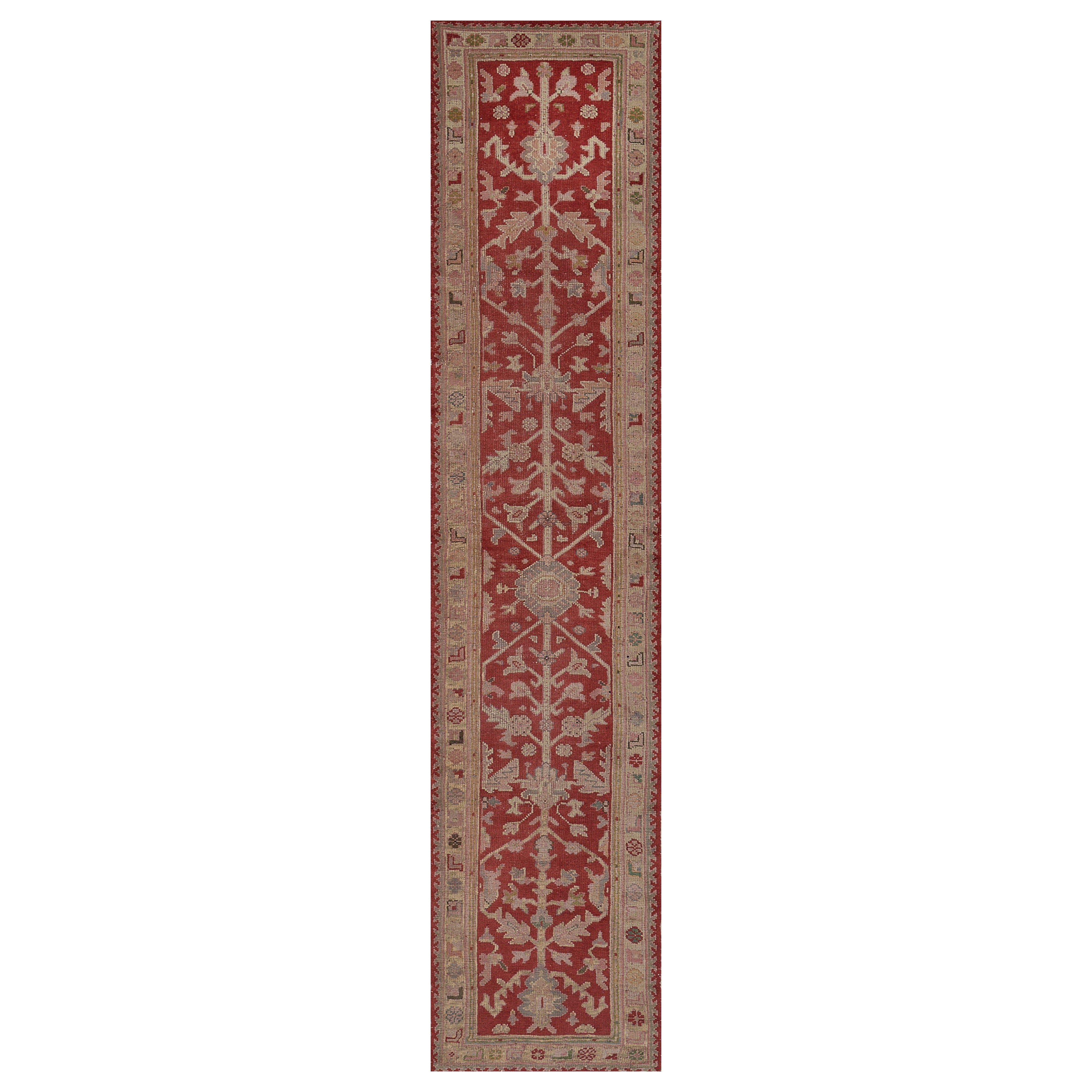 Antique Hand-Woven Wool Tomato-Red Leafy Oushak Runner