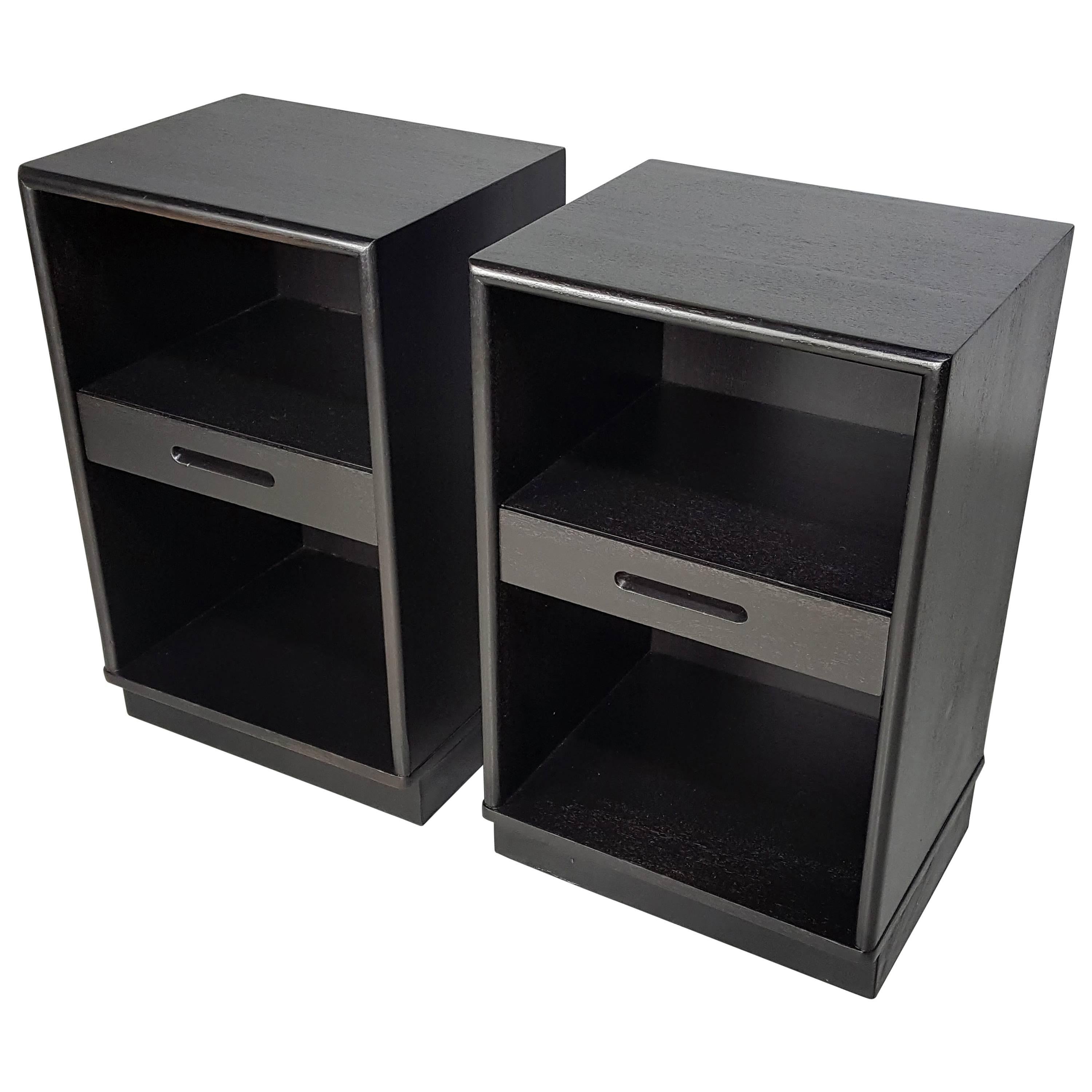 Handsome Ebonized Nightstands with Leather Plinth Bases by Edward Wormley, 1950s