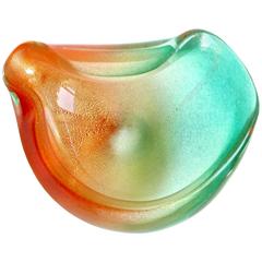Archimede Seguso Murano Gold Flecks Red Orange Green Italian Art Glass Bowl