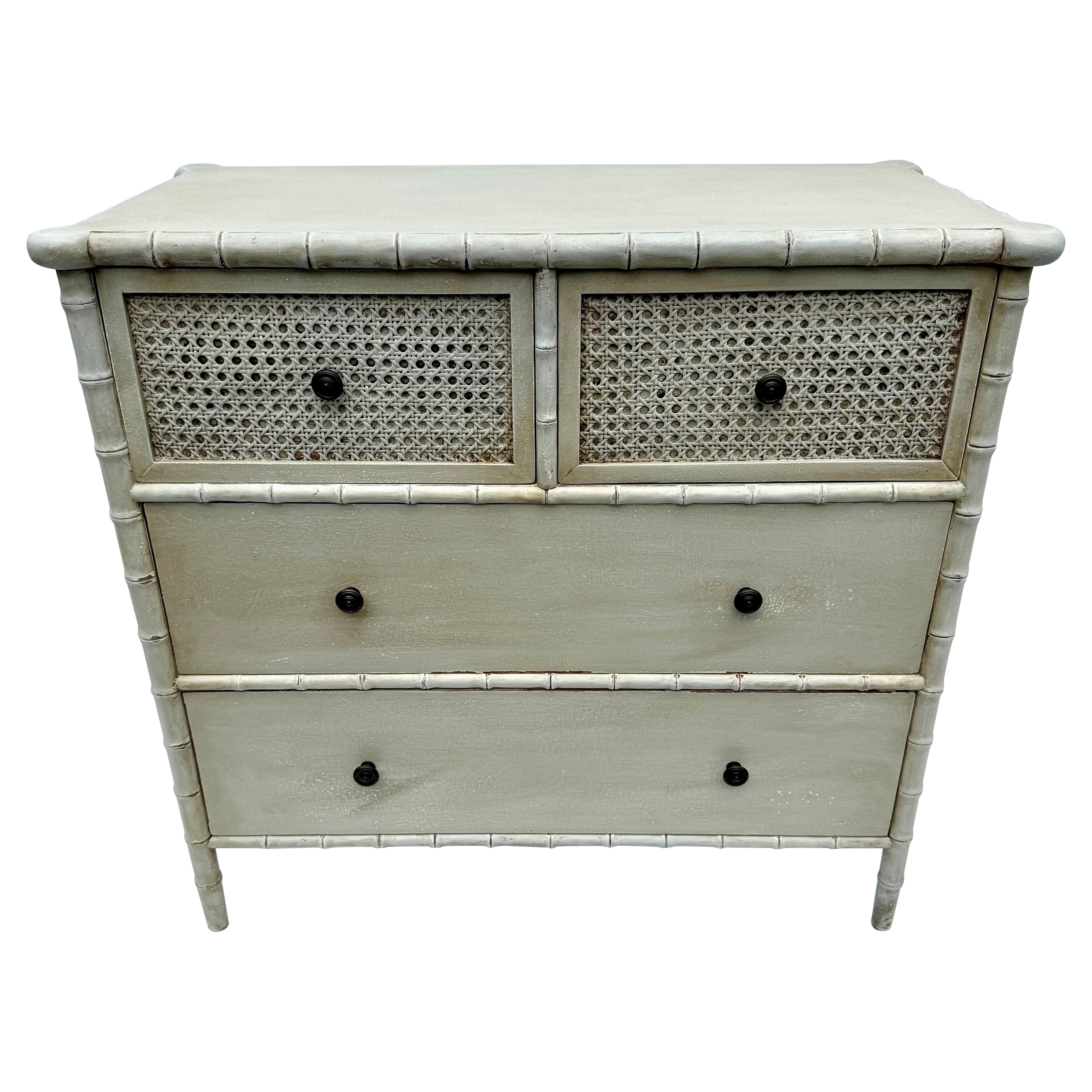 Faux Bamboo Painted Four Drawer Chest of Drawers with Caning