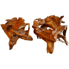 Pair of Monumental Burl Wood Organic Lounge Chairs