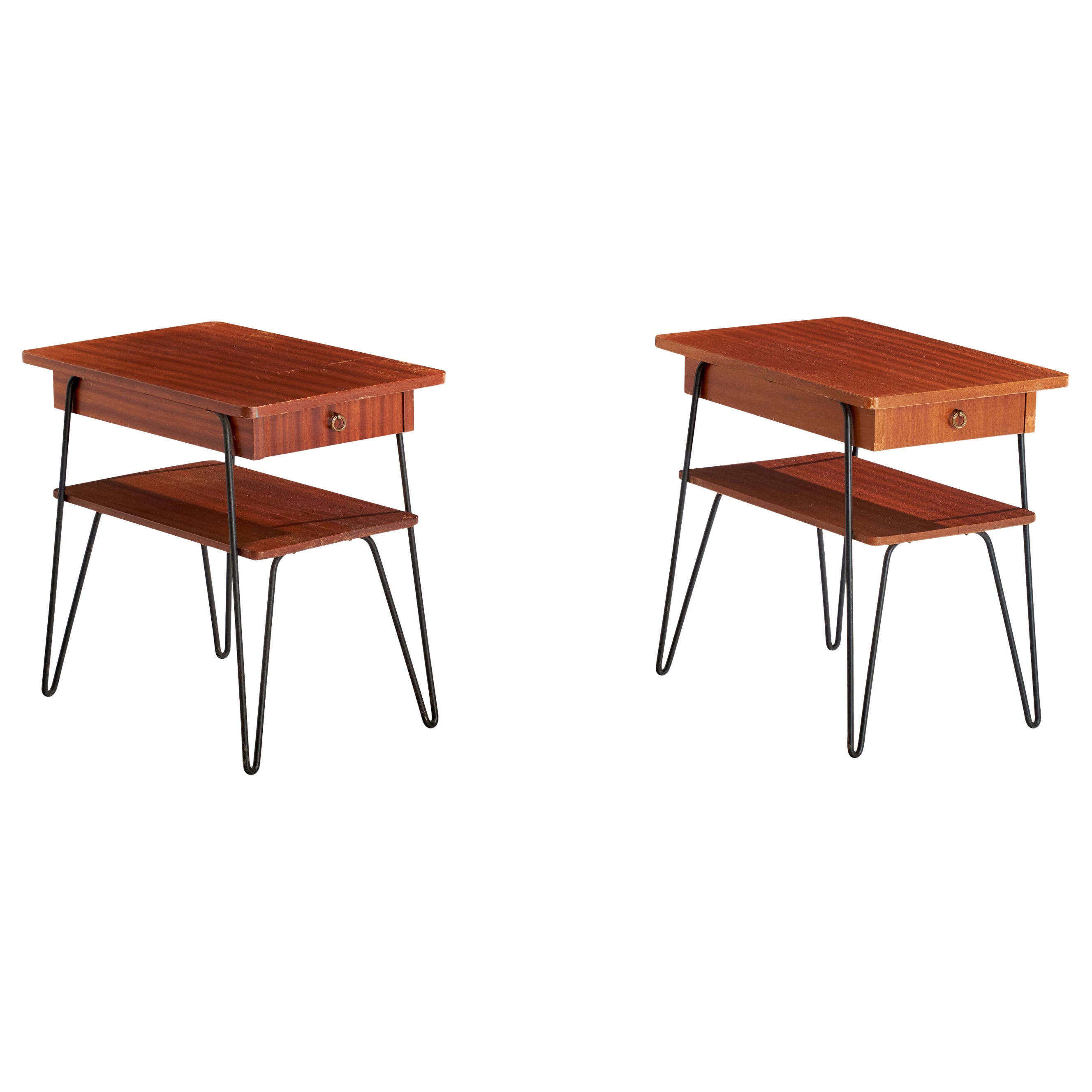 Swedish Designer, Nightstands, Iron, Teak, Brass, Sweden, 1950s