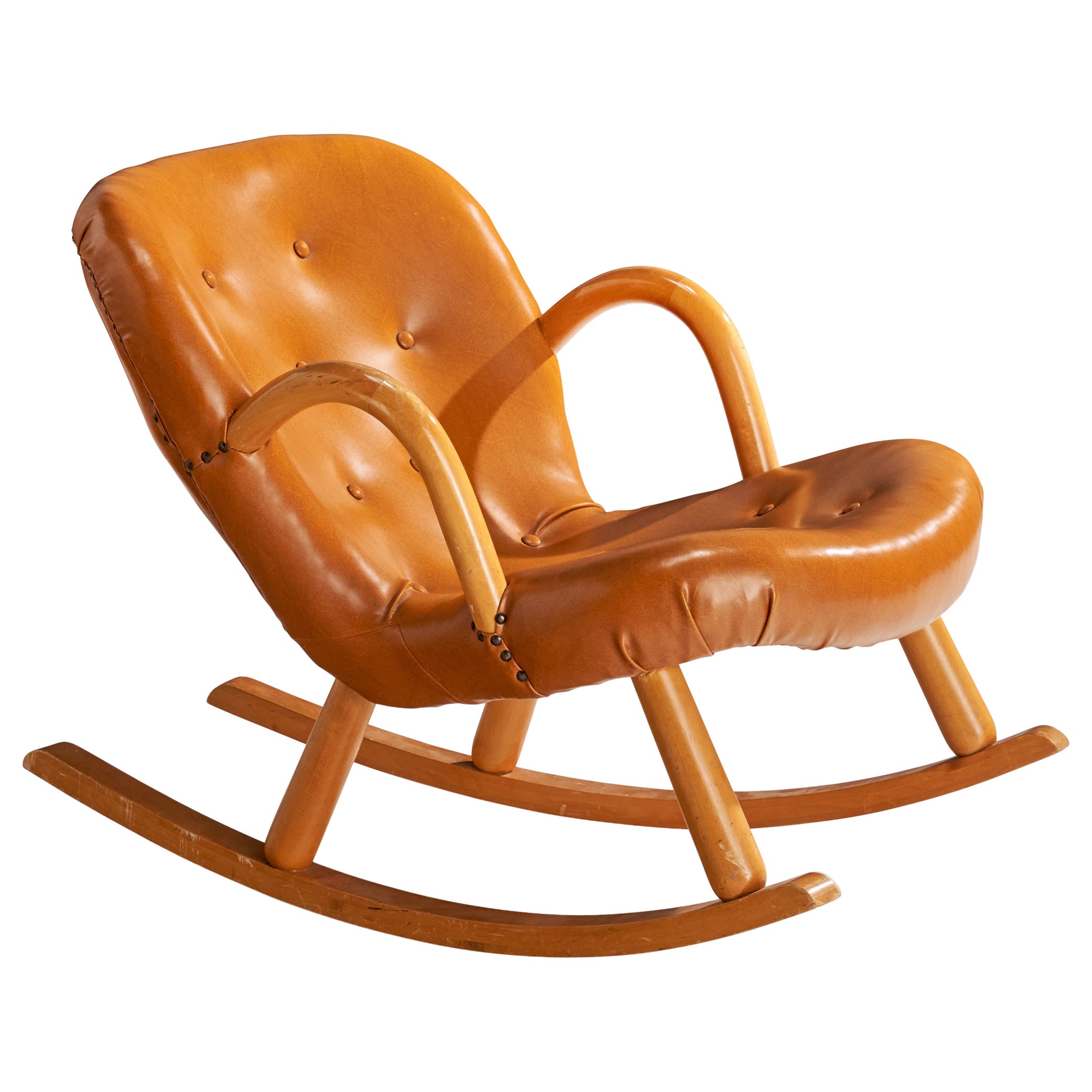 Arnold Madsen, Rocking Chair, Beech, Leatherette, Sweden, 1950s For Sale