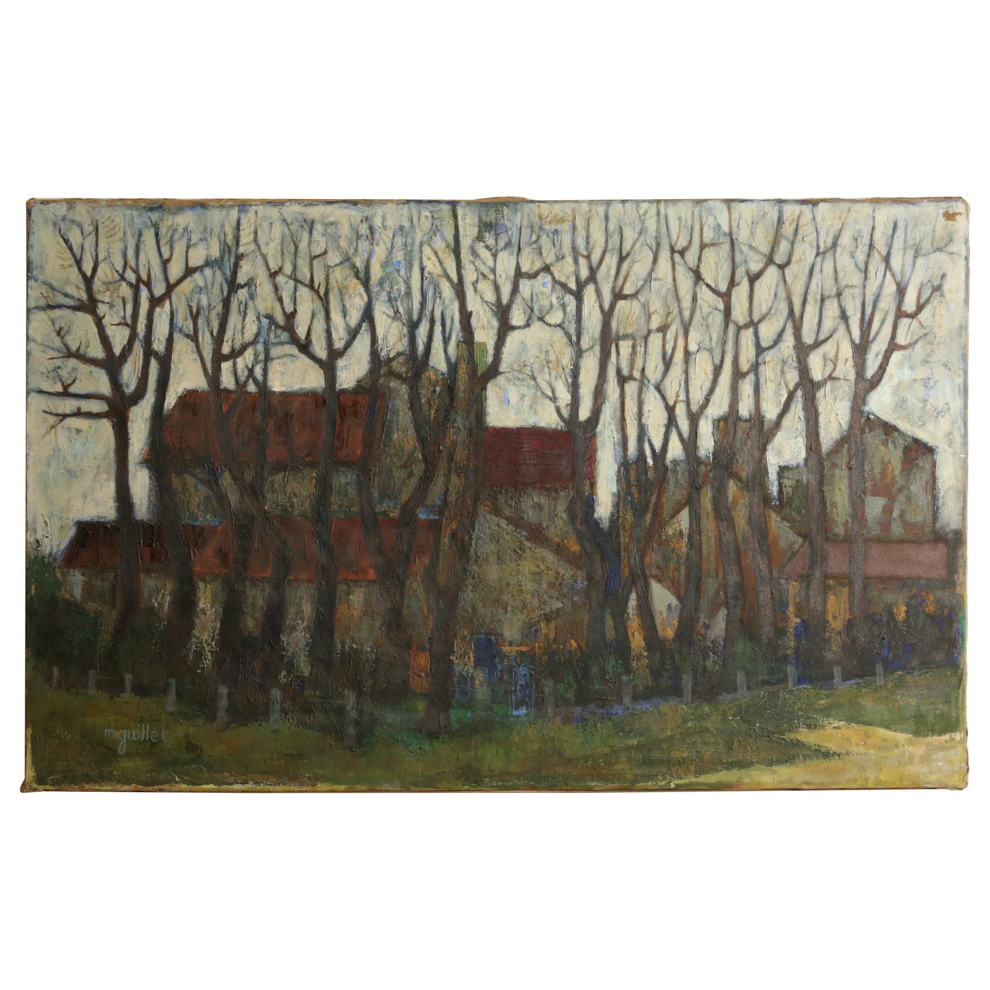 French Oil on Canvas, Farm Buildings Through Winter Trees, signed Michel Guillet