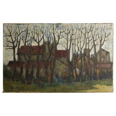 French Oil on Canvas, Farm Buildings Through Winter Trees, signed Michel Guillet