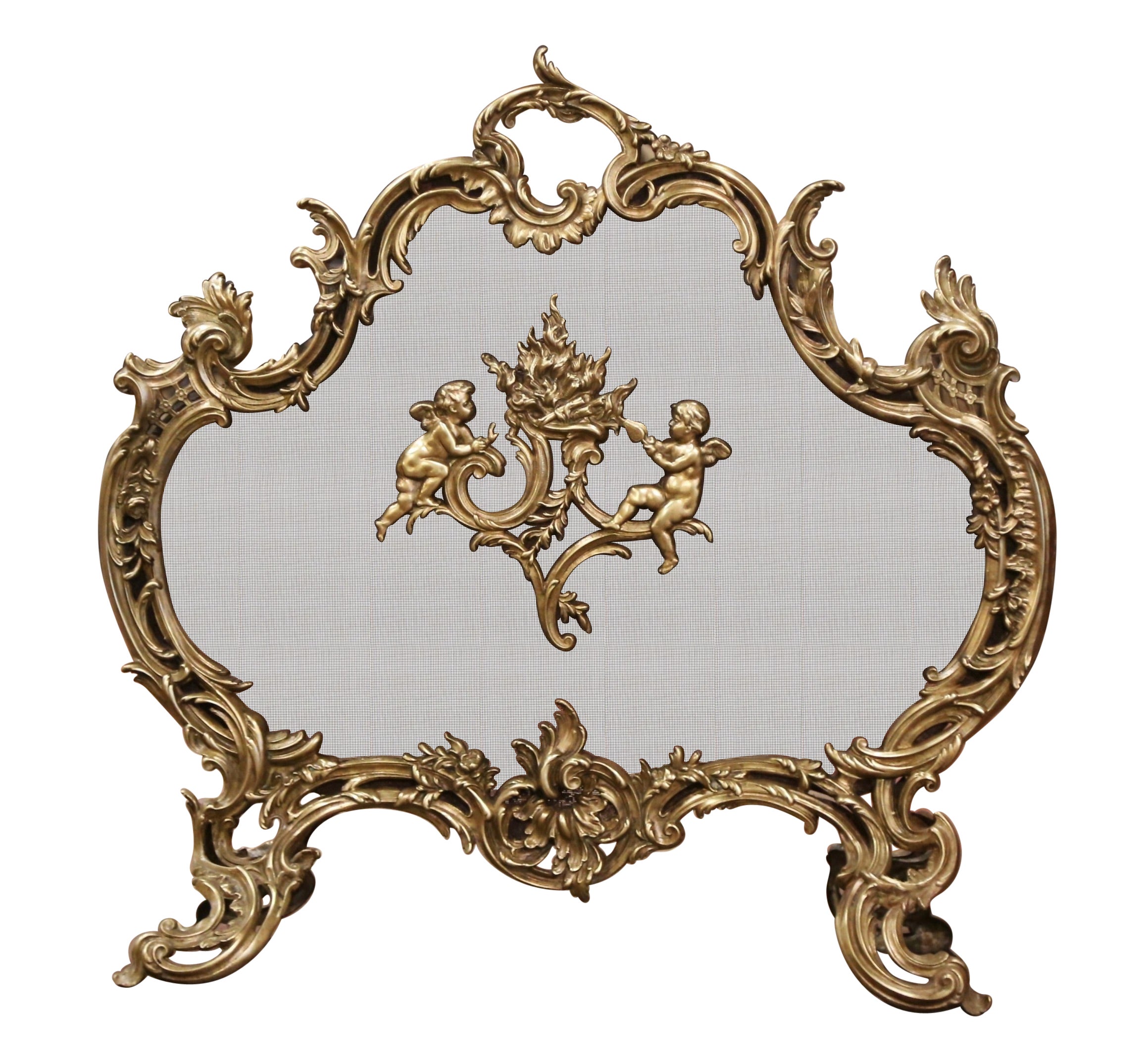 Écran de cheminée en bronze doré Louis XV du XIXe siècle avec motifs de chérubins