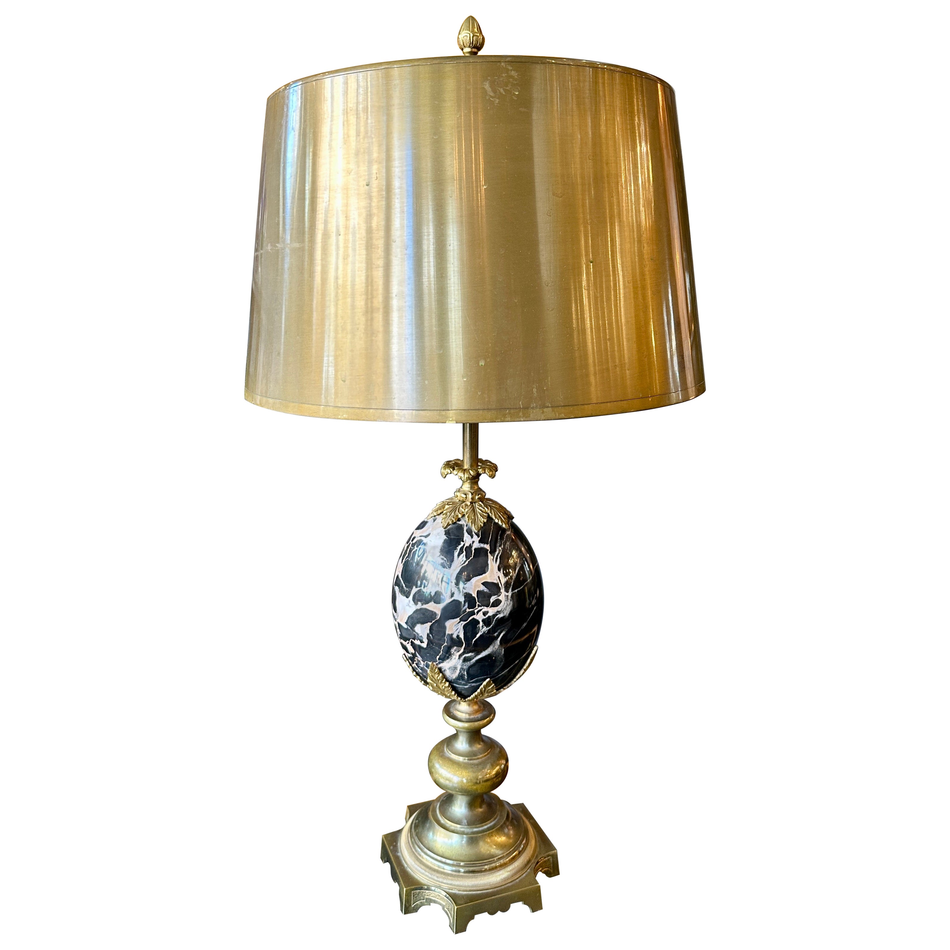 A Maison Charles Ouef Rosaces Bronze And  Portoro Marble Table Lamp