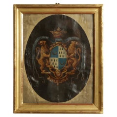 Olio su tela, Stemma francese in cornice d'epoca in legno dorato, XVIII-XIX secolo
