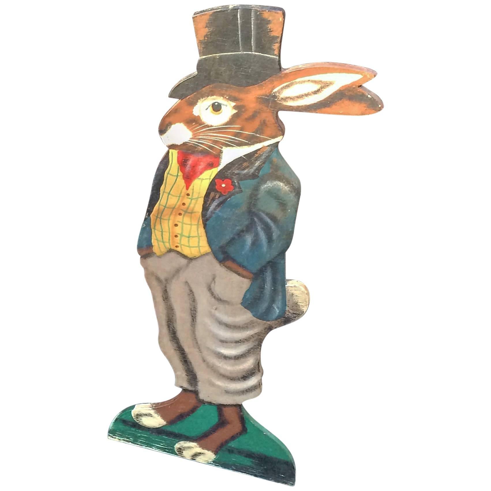Painted wood cut-out figure of a dapper hare. (Dummy Board)