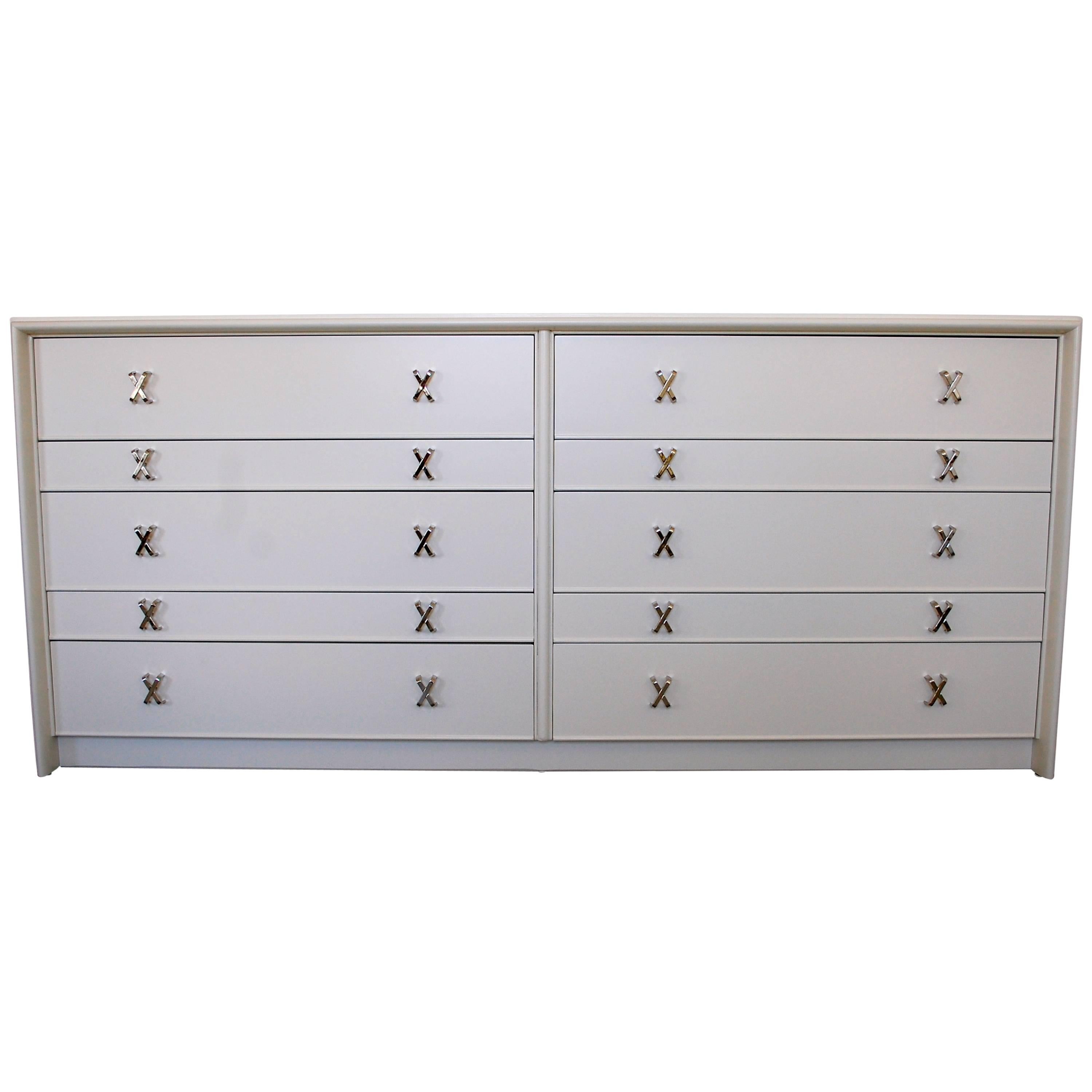 Beautiful Paul Frankl Double Dresser in Bone Lacquer with Nickel Pulls, 1950s 