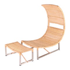 Large rattan and metal chair and ottoman