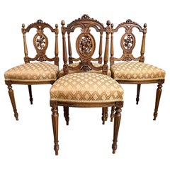 Set 4 Antique French Louis XVI Salon Chairs Petite Dining Parlor Carved Walnut