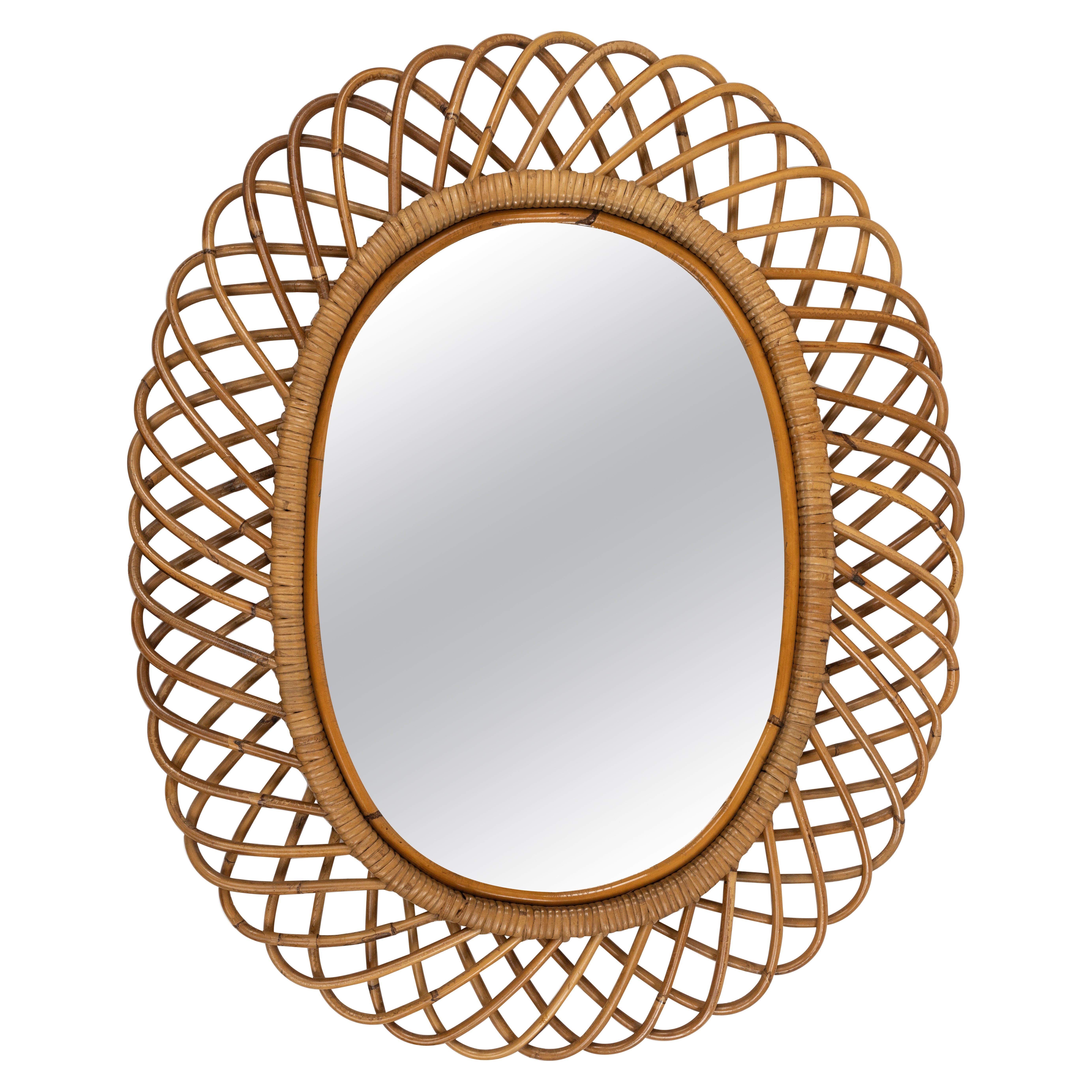 Midcentury Rattan and Bamboo Oval Wall Mirror by Franco Albini, Italy 1960s