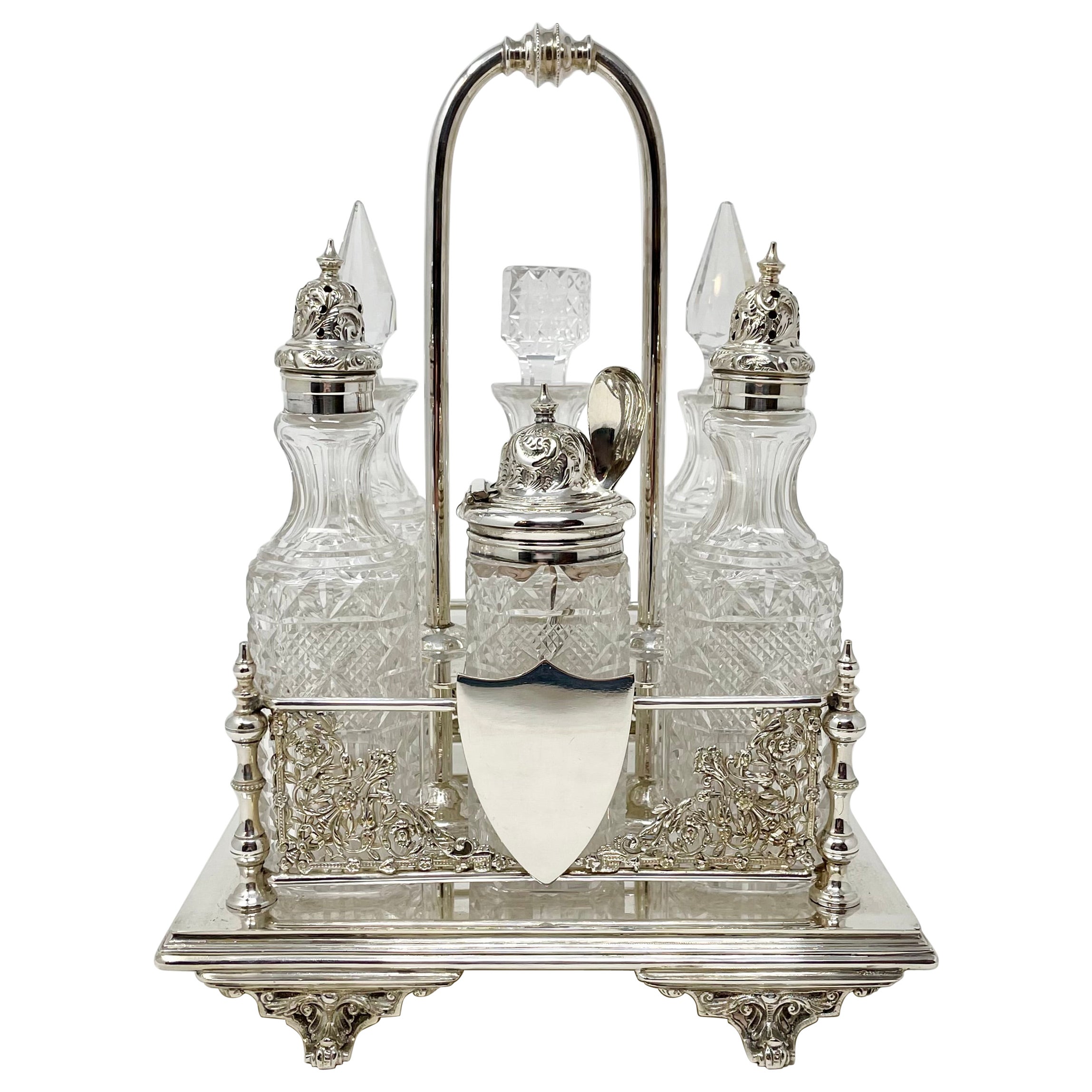 Antique English Sheffield Silver-Plate and Crystal 6-Bottle Cruet Set circa 1880