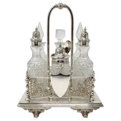 Antique English Sheffield Silver-Plate and Crystal 6-Bottle Cruet Set circa 1880