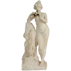 Alabaster, 19th Century, Woman with a Flute beside the Fountain, Bronze Flute 