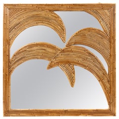 Midcentury Rattan and Bamboo Palm Wall Mirror by Vivai Del Sud, Italy 1970s
