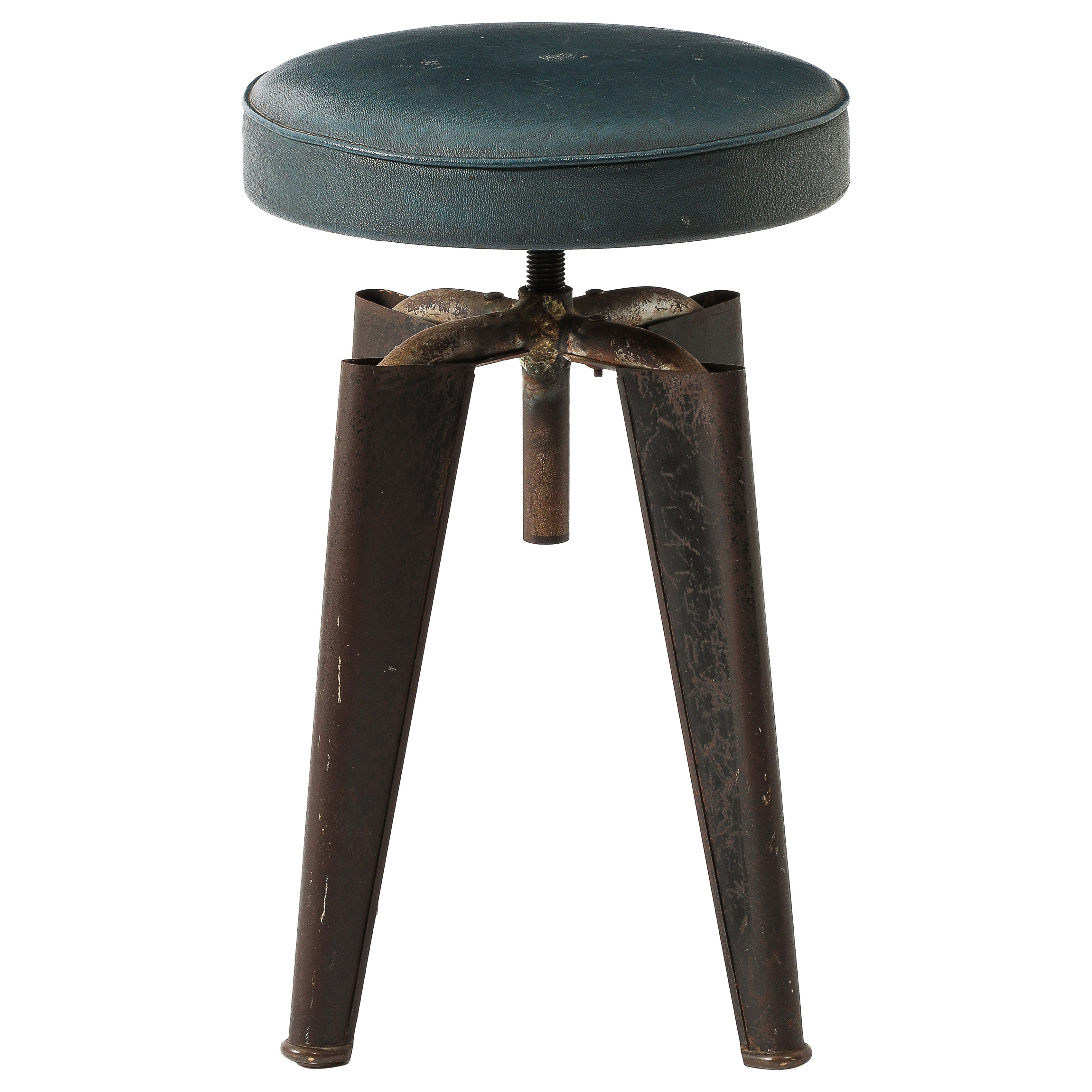 Steel & Faux Leather Adjustable Height Stool by Dominique - France 1950's For Sale