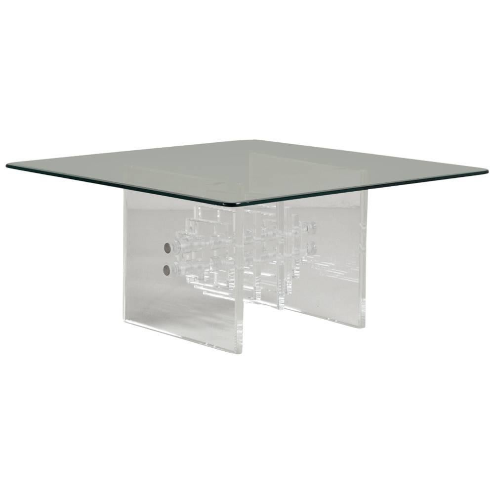 Square Slab Ended Lucite Coffee Table with Glass Top, 1970s For Sale
