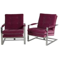 Pair of High Back Milo Baughman Upholstered Armchairs, 1970s