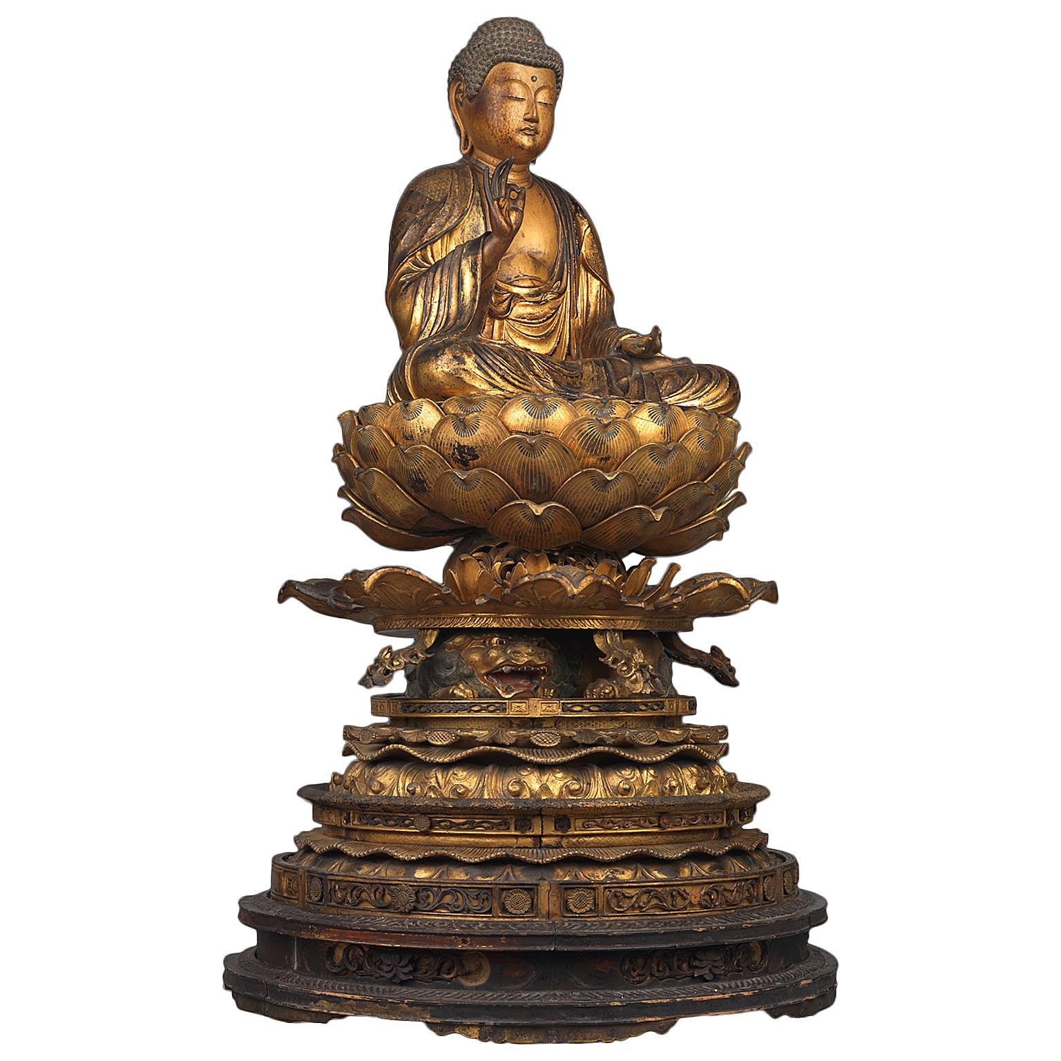Gold lacquered wood with Kirikane decoration, seated Amida Nyorai (AMITABHA).
Kamakura period.

Sold with The Radio-Carbon Dating certificate.

Provenance:

Property from the collection of The Baroness Lydia Dunn.

She has led a