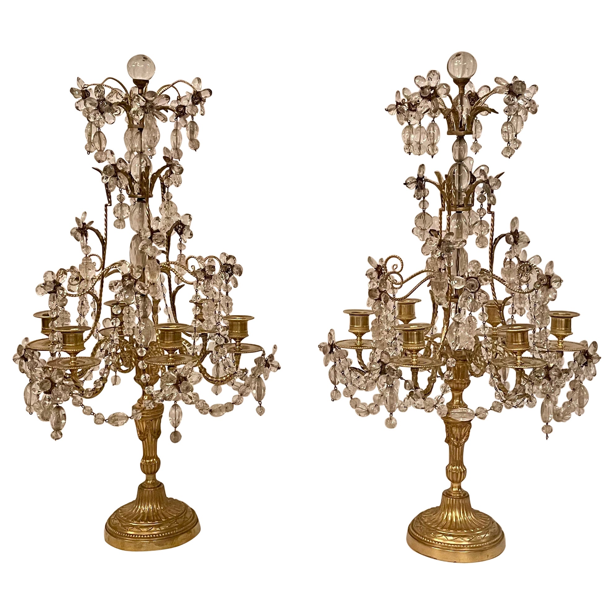 Pair Antique French Gold Bronze and Crystal Girondolles / Candelabras Circa 1880