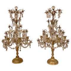 Coppia di Girondole / Candelabri Circa 1880 in bronzo dorato francese e cristallo