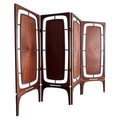 Mid-Century Walnut Screen Room Divider With Starburst Pattern