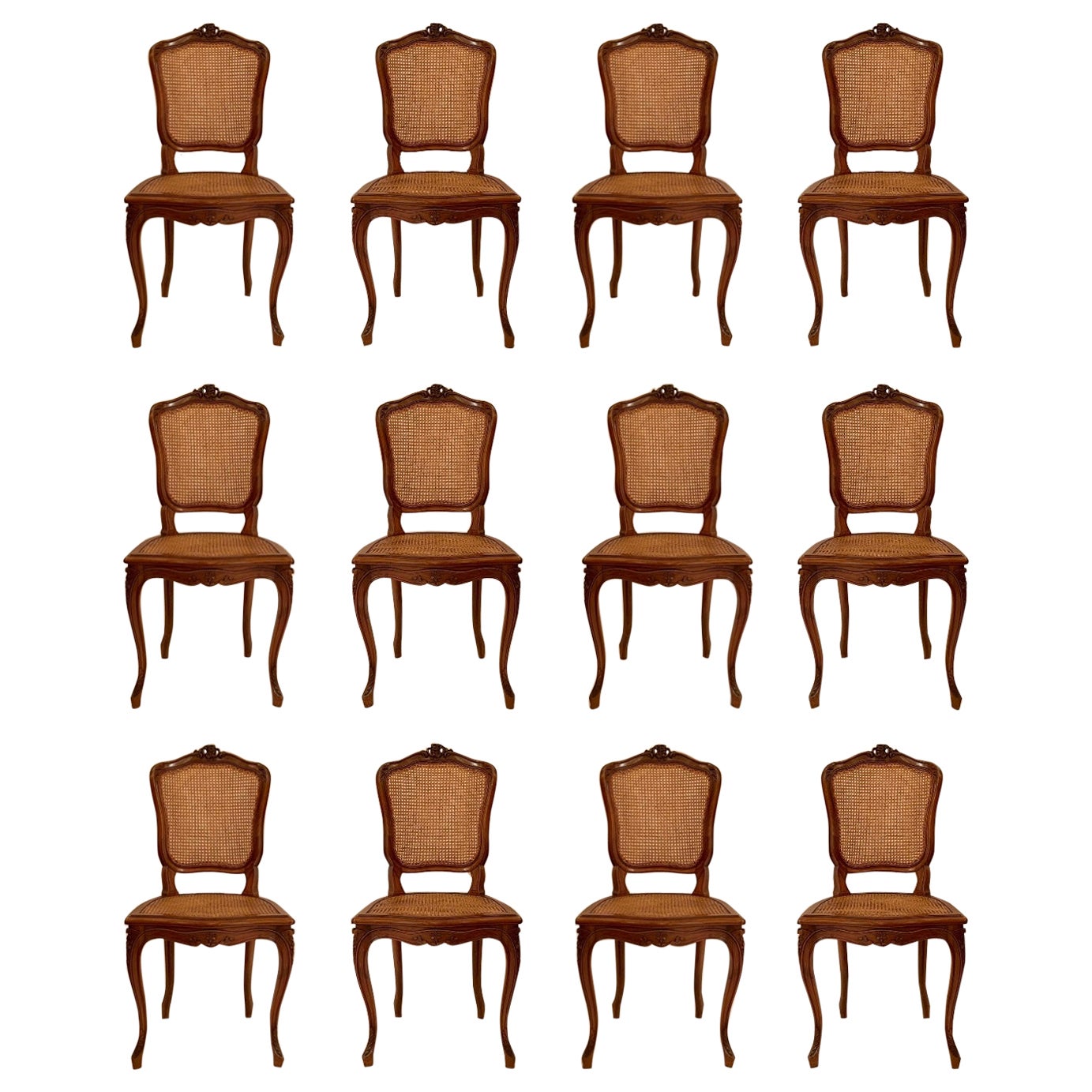 Set of 12 Antique 19th Century French Carved Walnut Dining Chairs.