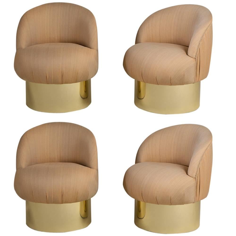 Set of Four Brass Based Tub Upholstered Swivel Chairs 1960s