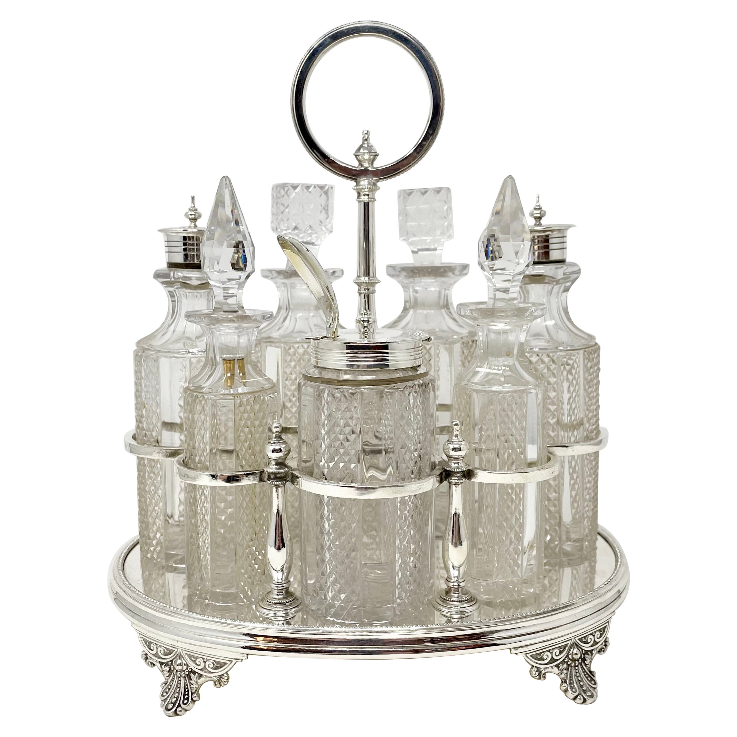 Antiguo juego de 6 vinagreras inglesas de cristal y plata de Sheffield, circa 1880.