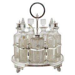 Antique English Sheffield Silver-Plate & Crystal 6-Bottle Cruet Set, Circa 1880.