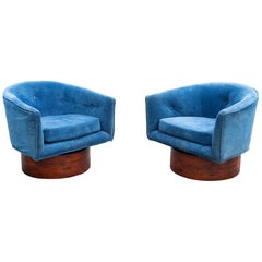 Pair of Milo Baughman for Thayer Coggin Swivel Lounge Chairs in Rosewood & Blue