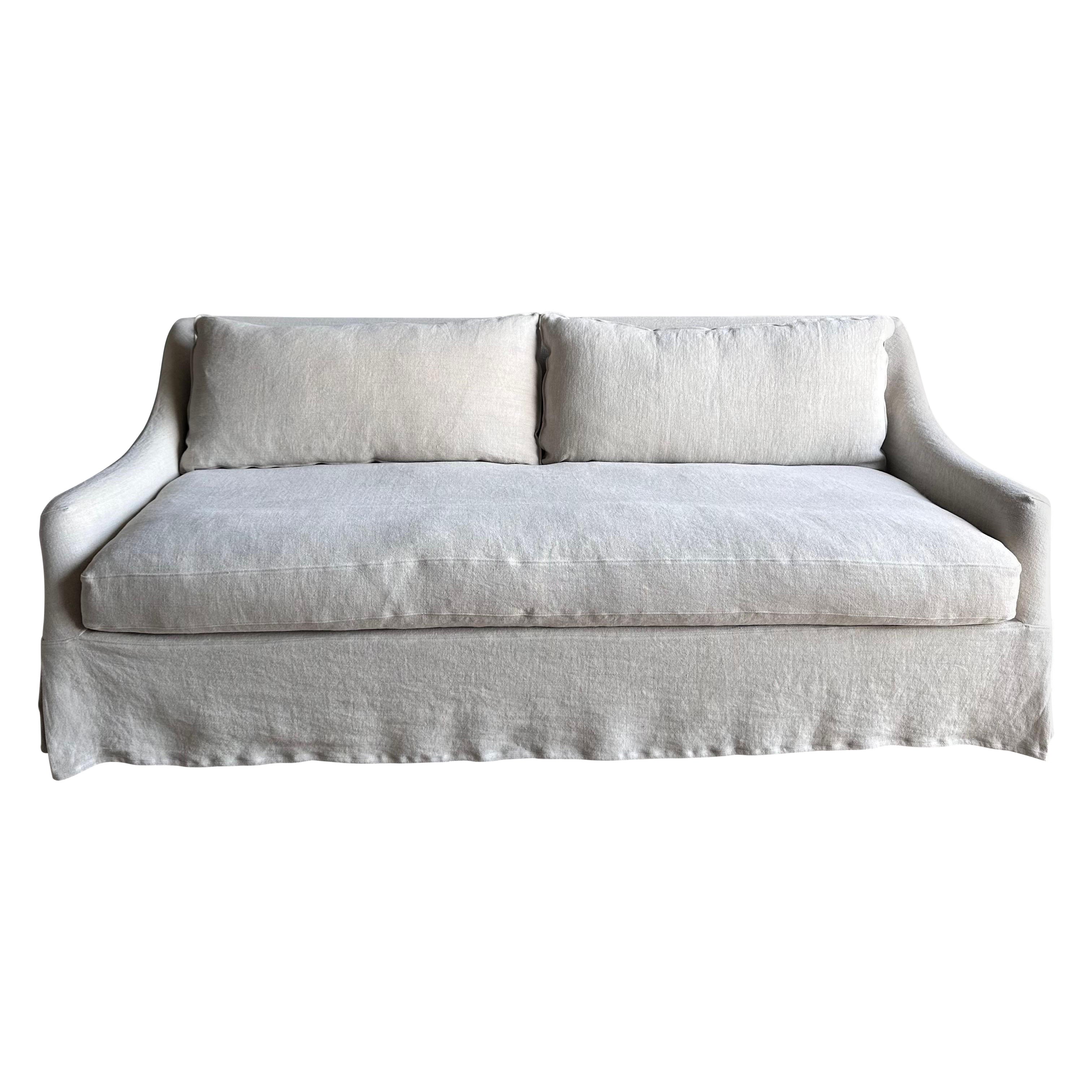 Slip Covered Sofa in Stone Washed Oatmeal Linen with Down Wrap Seat Cushion