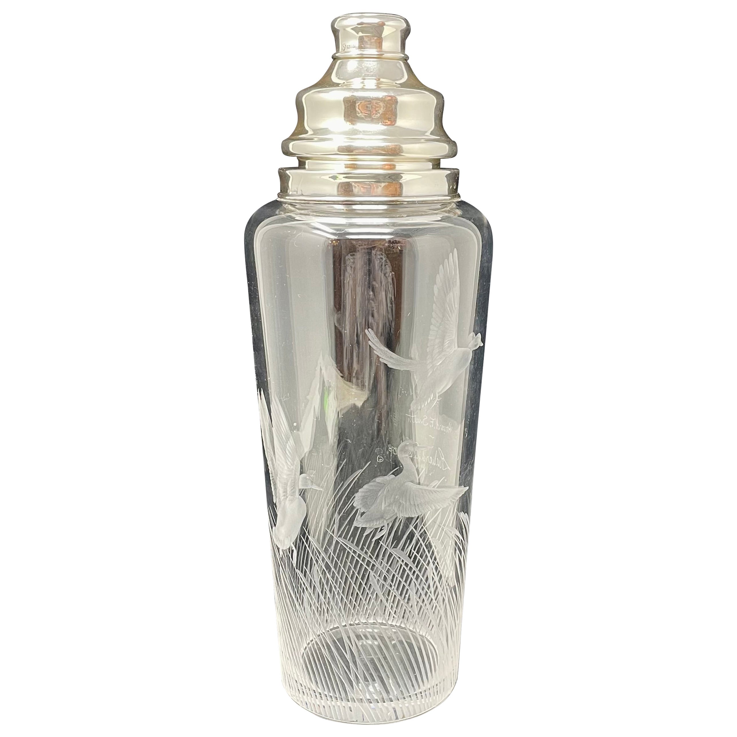 Antique Art Deco American Hawkes Etched Glass & Sterling Silver Cocktail Shaker