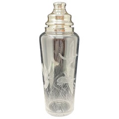 Antigua Coctelera Art Decó Americana Hawkes de Cristal Grabado y Plata de Ley