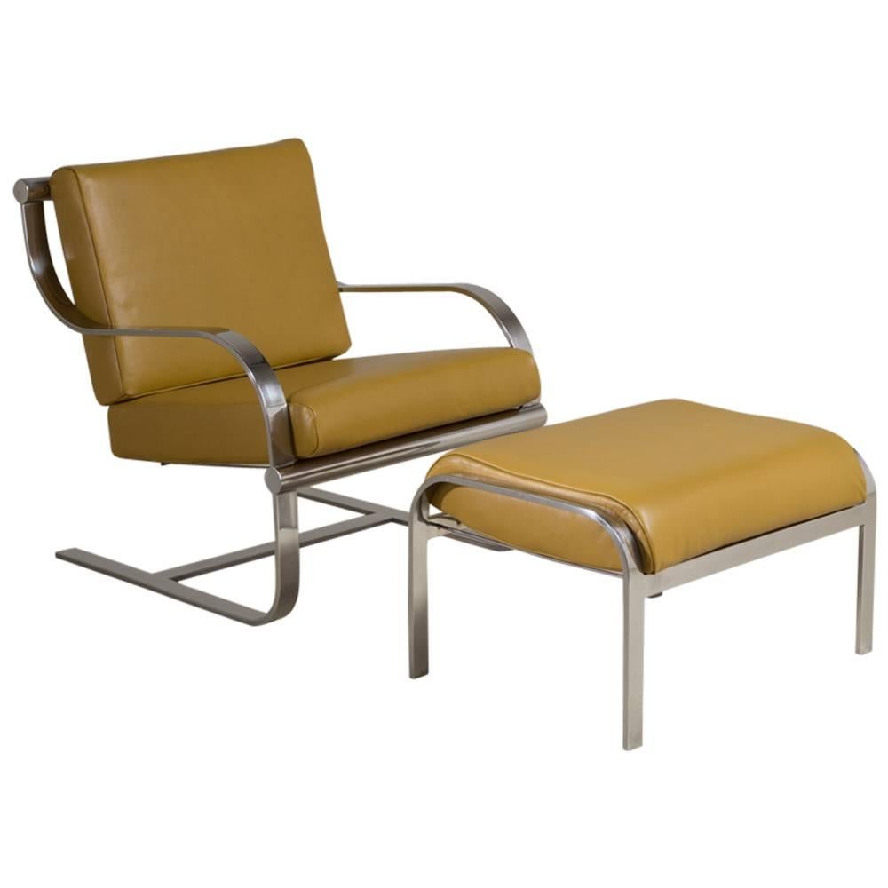 Chromium Steel Cantilevered Armchair and Ottoman, 1970s For Sale