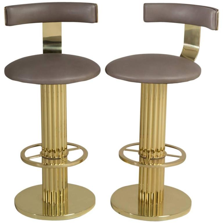 Pair of Brass Framed Leather Upholstered Swivel Bar Stools, 1980s at