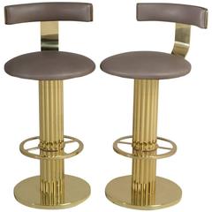 Pair of Brass Framed Leather Upholstered Swivel Bar Stools, 1980s