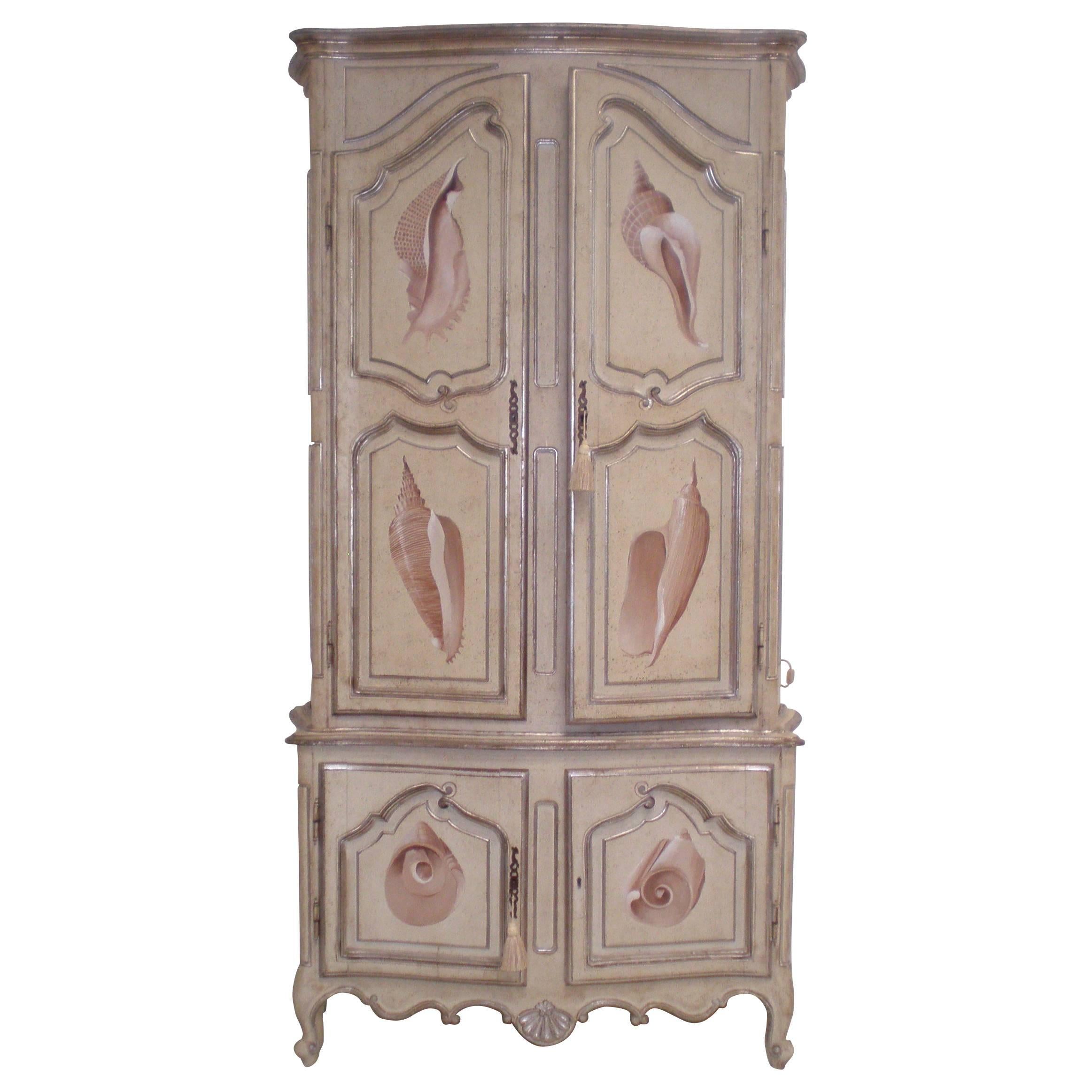 Vintage Glamorous Hand-Painted Shell Illuminated Armoire Display Cabinet