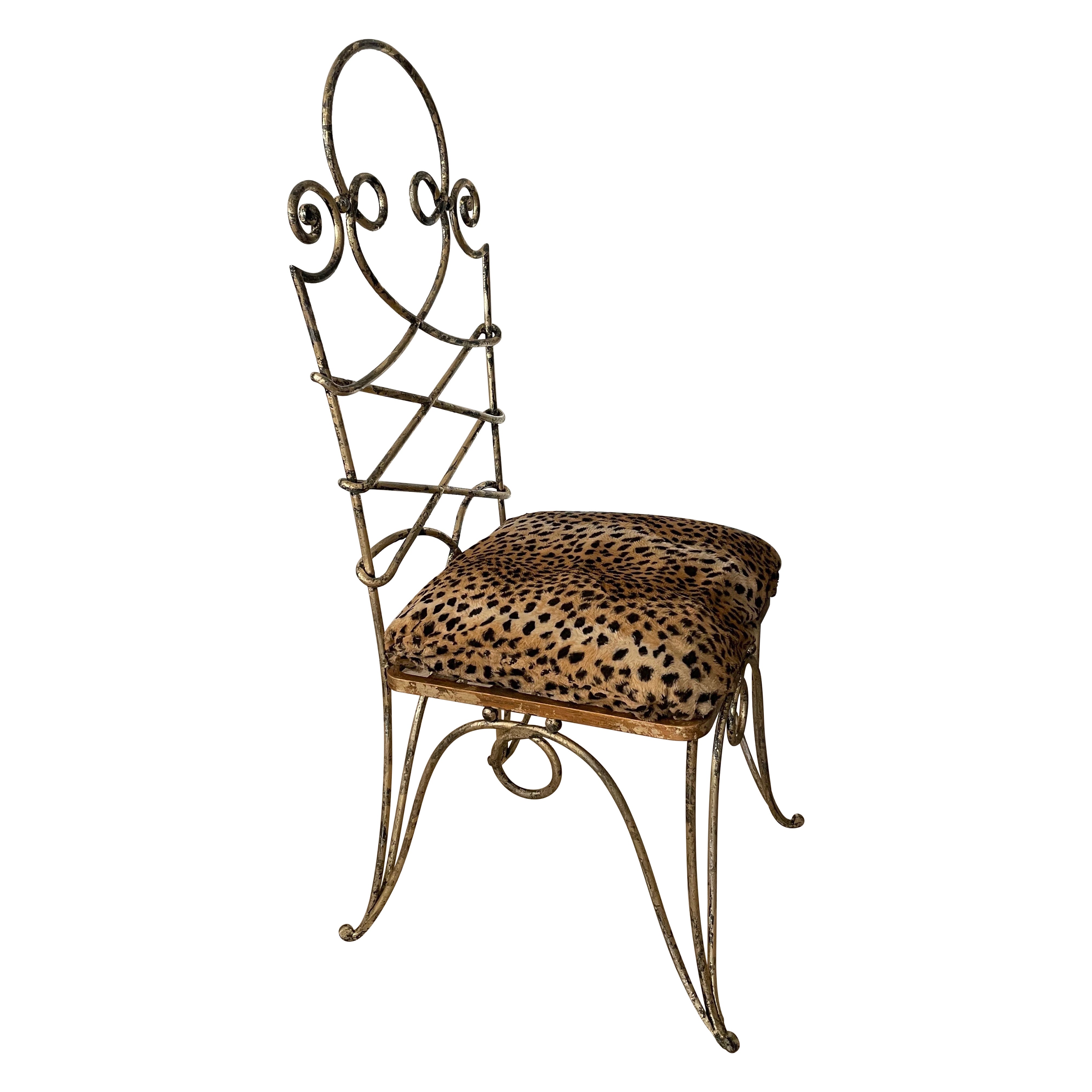 Spectacular Gilt Wrought Iron High Back Chair by René Drouet, France 1945. For Sale
