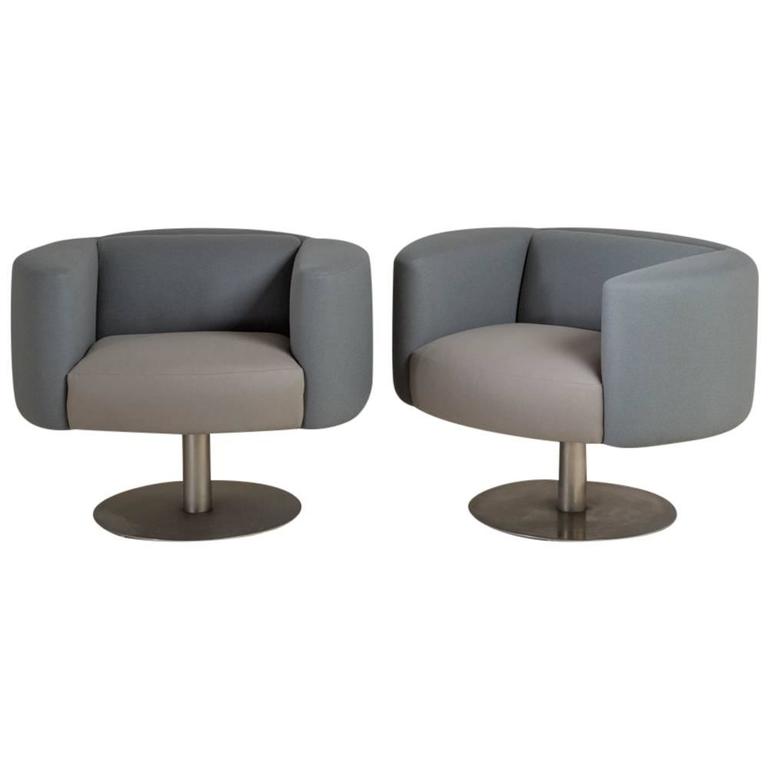 Pair of Wool Upholstered Pedestal Based Swivel Chairs at 1stDibs