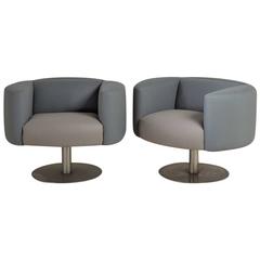 Pair of Wool Upholstered Pedestal Based Swivel Chairs
